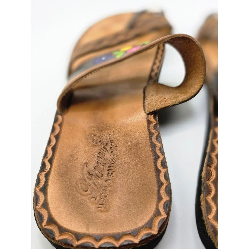 Vintage Handmade Leather Sandals Floral Toe Ring Slides Women's Size 8
